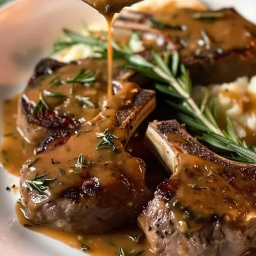 Plate of rosemary lamb chops with homemade gravy garnished with fresh herbs
