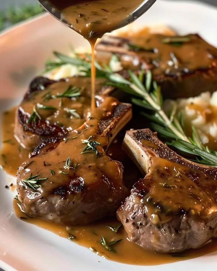 Plate of rosemary lamb chops with homemade gravy garnished with fresh herbs