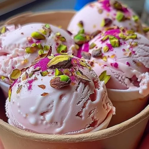 Delicious rosewater pistachio gelato in a bowl topped with crushed pistachios