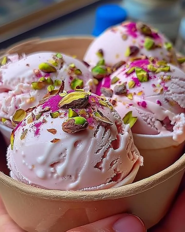 Delicious rosewater pistachio gelato in a bowl topped with crushed pistachios