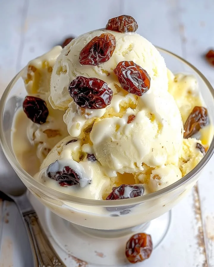 Delicious rum raisin ice cream with creamy texture and raisins