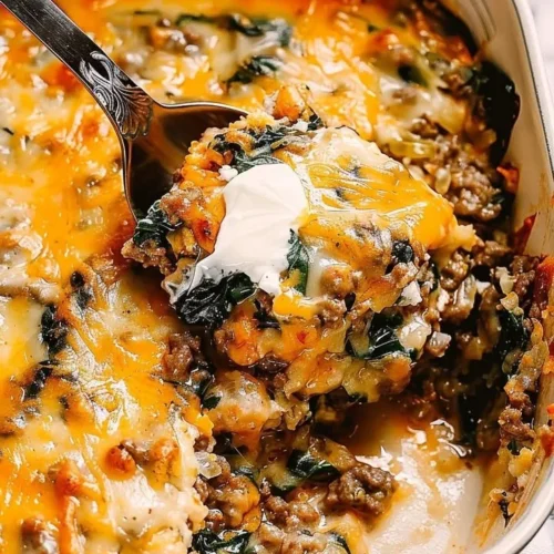 Rustic Italian Beef and Spinach Bake served in a casserole dish