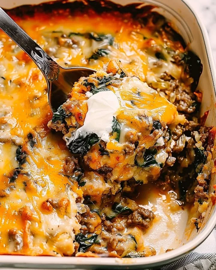Rustic Italian Beef and Spinach Bake served in a casserole dish