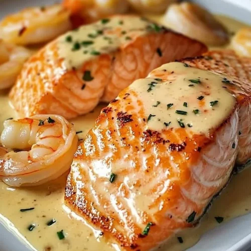 Salmon and shrimp with creamy garlic sauce served on a plate