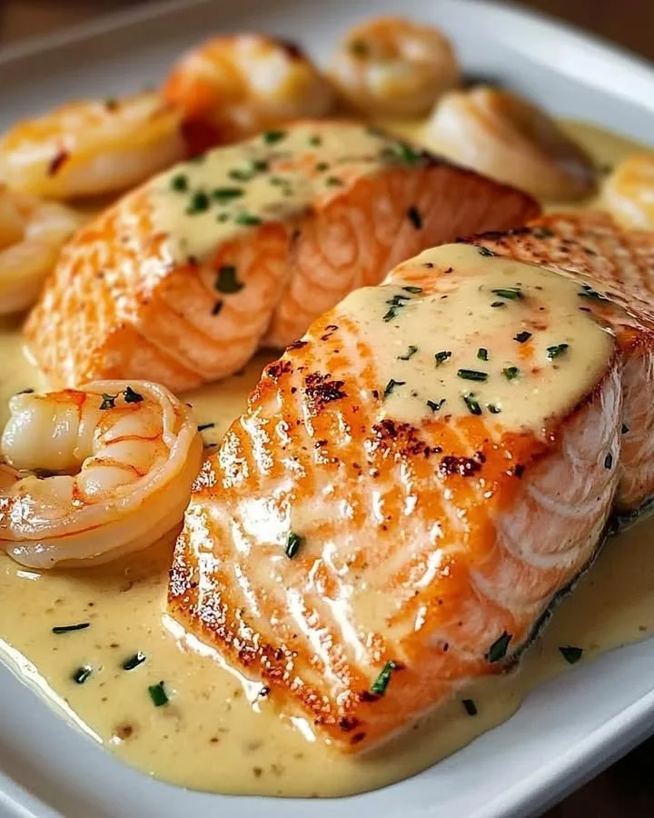 Salmon and shrimp with creamy garlic sauce served on a plate