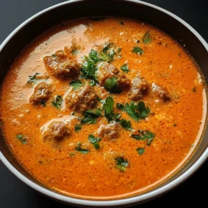 Bowl of Sausage Tomato Cream Cheese Soup garnished with fresh herbs.