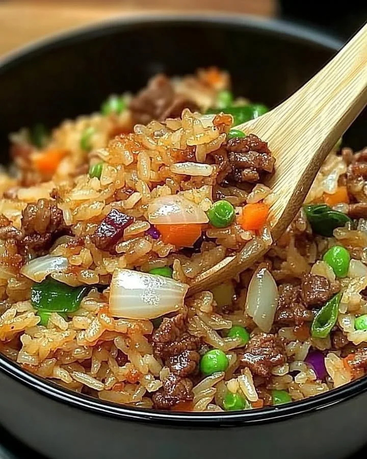 Plate of Savior Onion Beef Fried Rice garnished with green onions and herbs