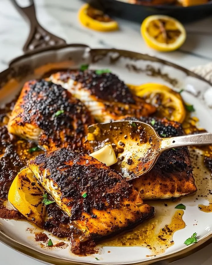 Plate of savory blackened cod with spices and herbs