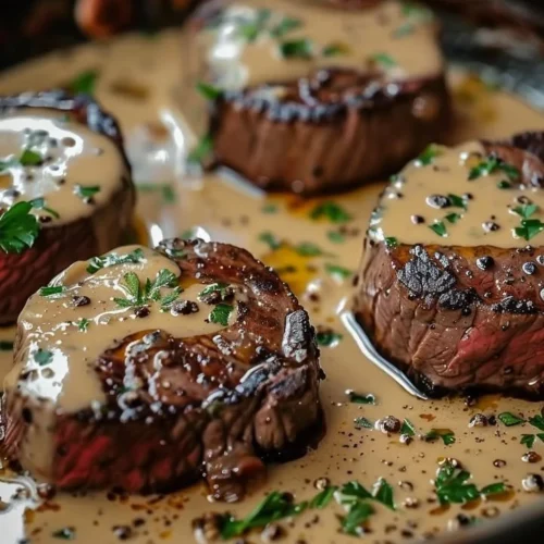 Seared filet mignon in shallot peppercorn cream sauce on a plate