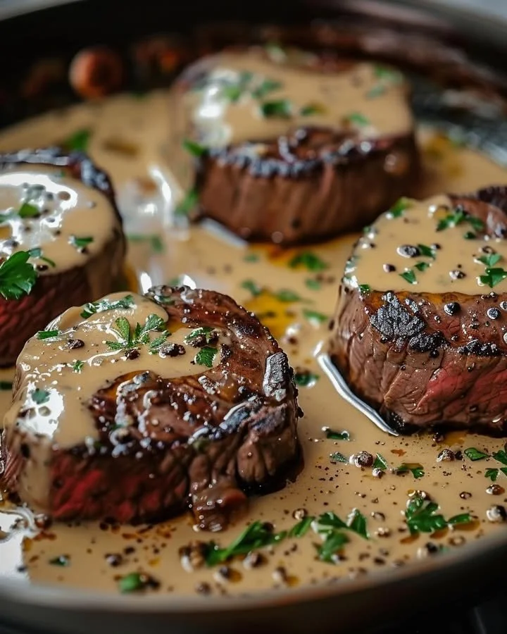 Seared filet mignon in shallot peppercorn cream sauce on a plate