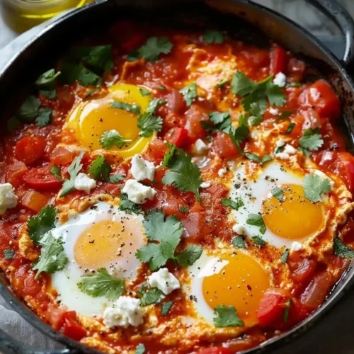 A vibrant plate of Shakshuka with feta cheese and fresh herbs