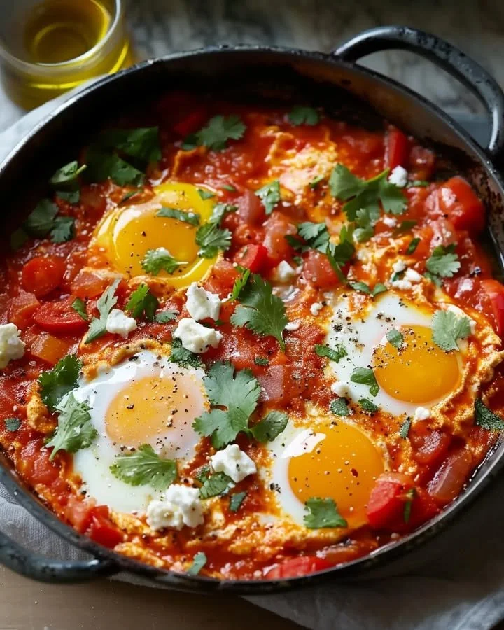 A vibrant plate of Shakshuka with feta cheese and fresh herbs