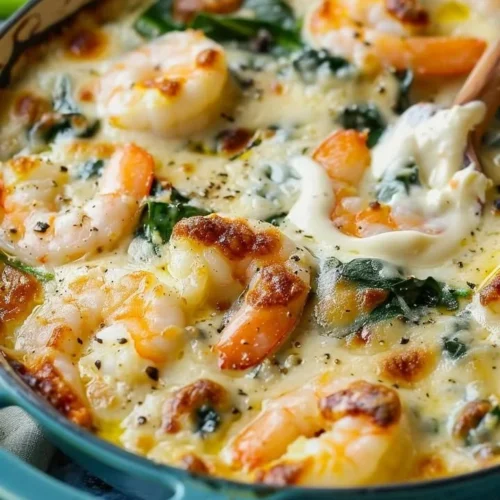 Creamy shrimp and spinach bake served in a dish, garnished and ready to enjoy.