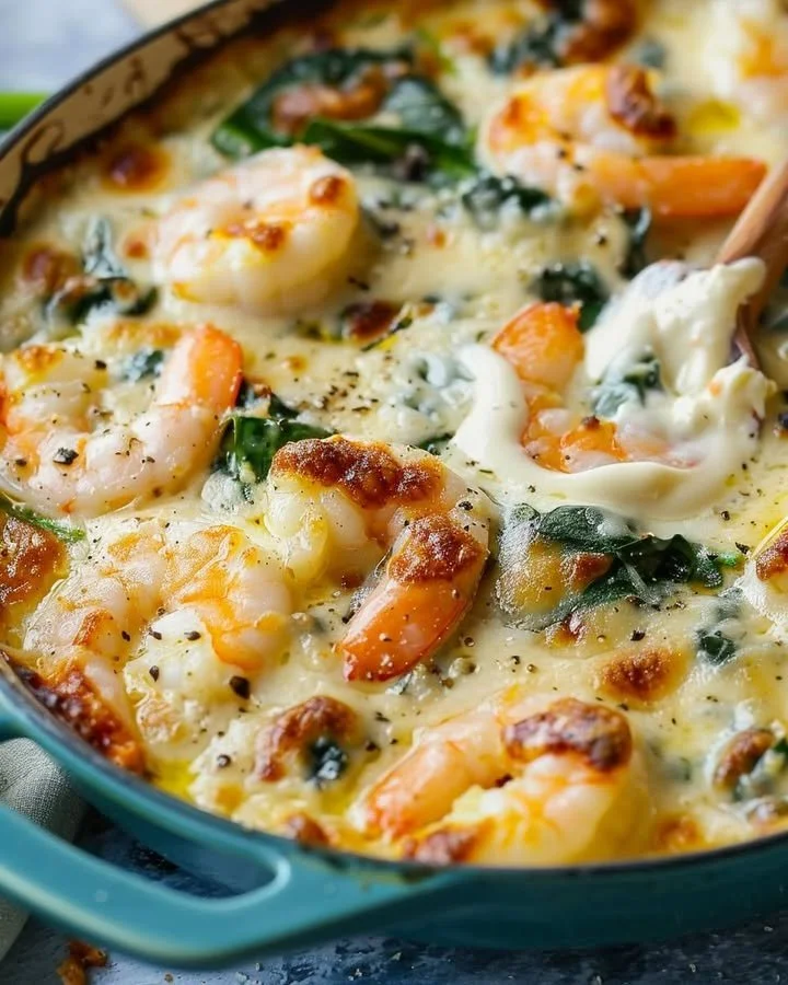 Creamy shrimp and spinach bake served in a dish, garnished and ready to enjoy.