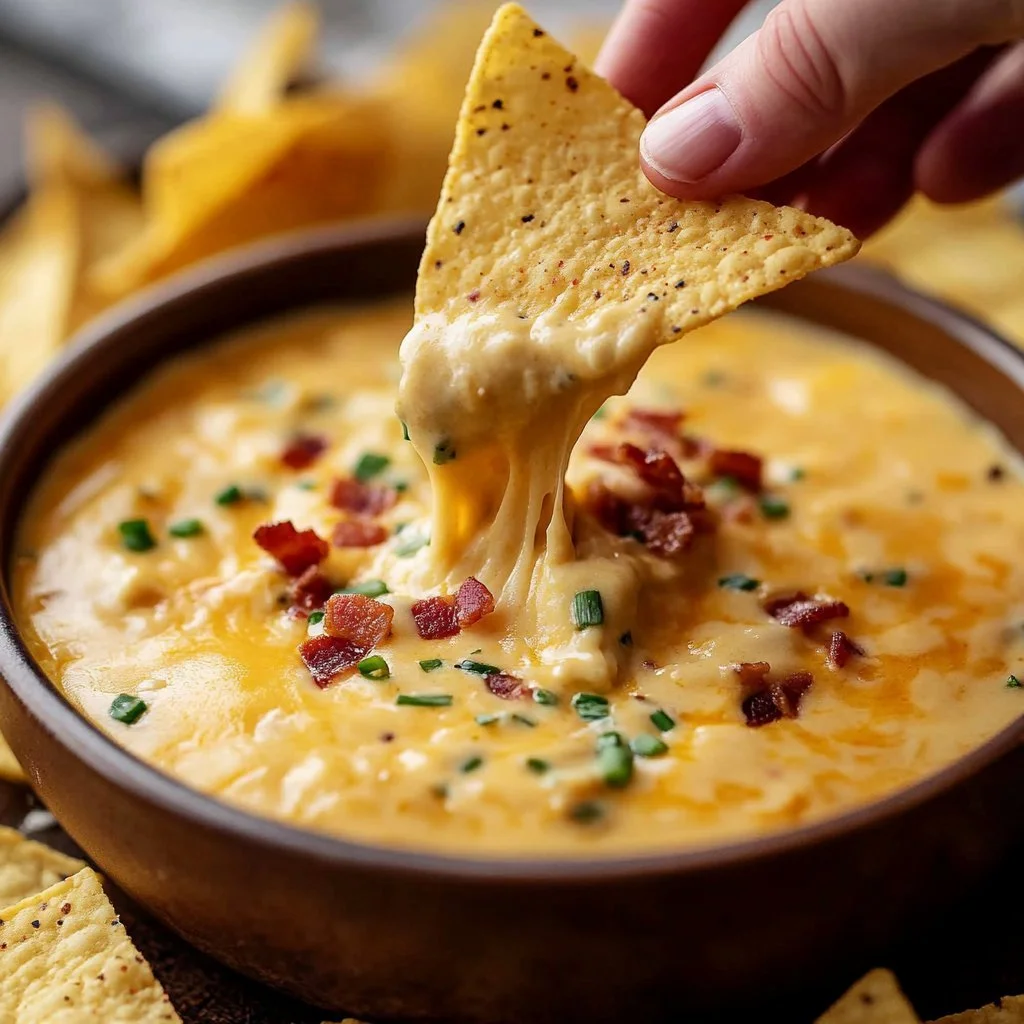 Crockpot cottage cheese queso served in a bowl with tortilla chips