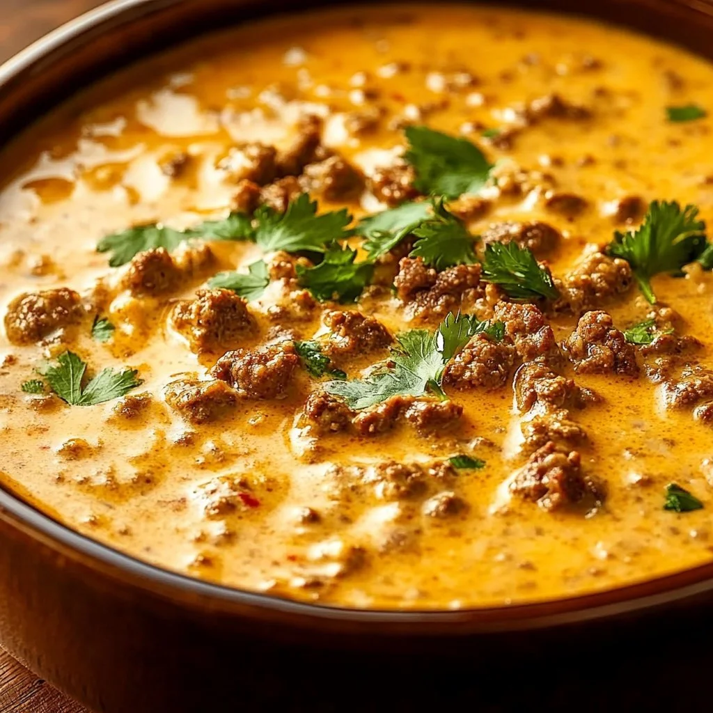 Creamy cottage cheese queso with ground beef in a serving bowl