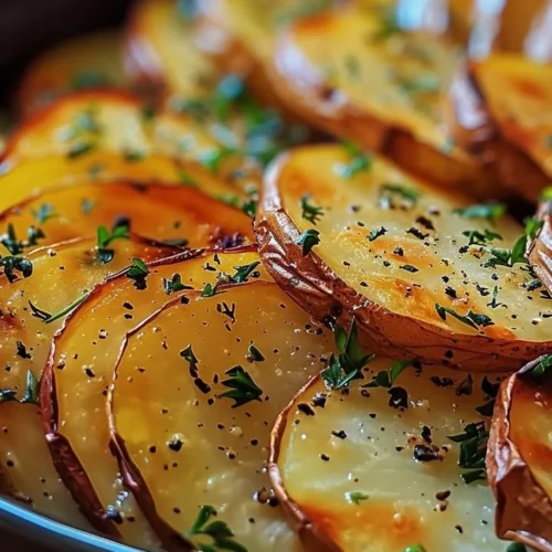 Plate of sliced baked potatoes garnished with herbs