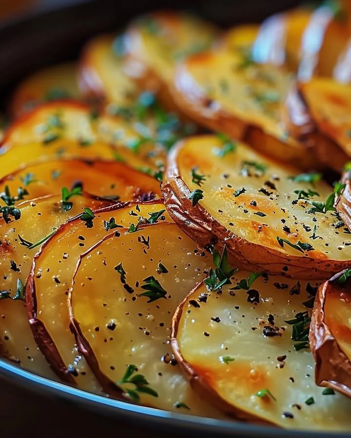 Plate of sliced baked potatoes garnished with herbs