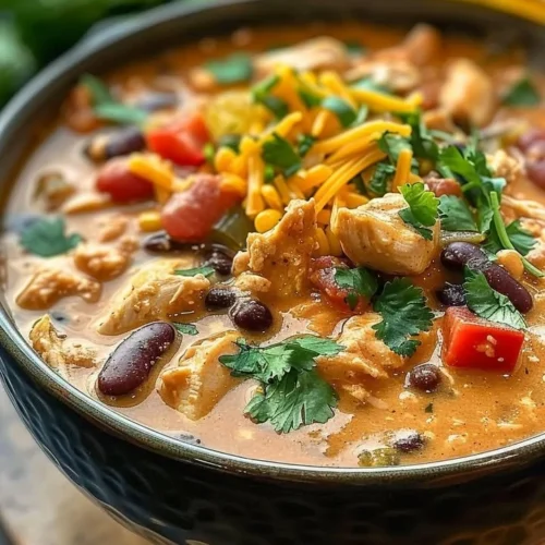 Bowl of Slow Cooker Cream Cheese Crack Chicken Chili topped with cheese and herbs