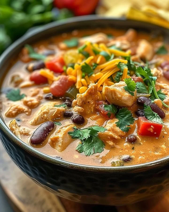 Bowl of Slow Cooker Cream Cheese Crack Chicken Chili topped with cheese and herbs