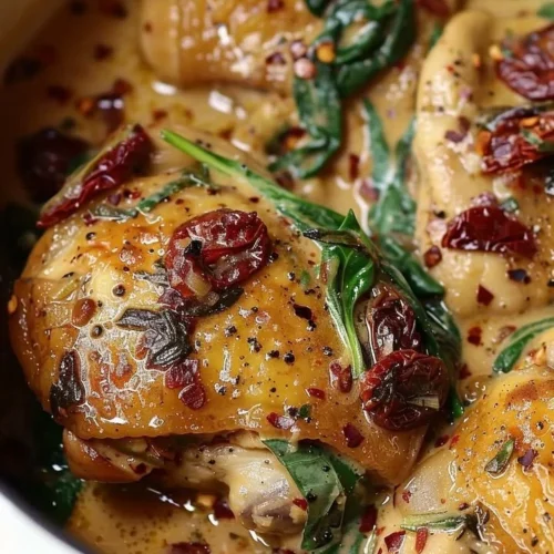 Slow Cooker Tuscan Chicken served on a plate with herbs and vegetables