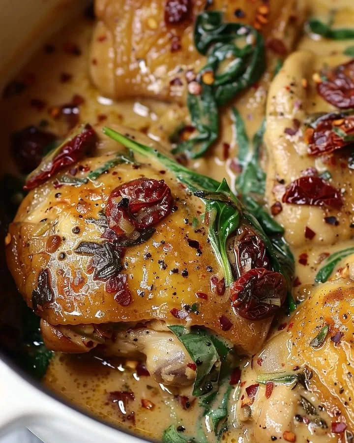 Slow Cooker Tuscan Chicken served on a plate with herbs and vegetables