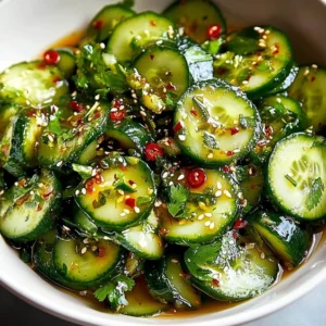 Smashed Asian Cucumber Salad with sesame seeds and chili dressing on a plate.