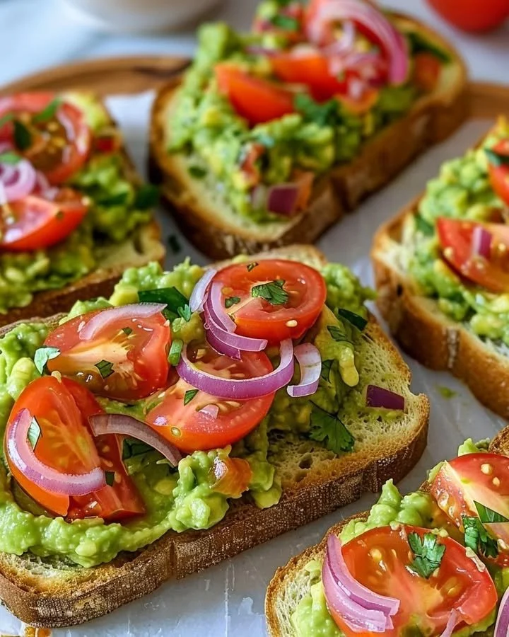 Smashed avocado bruschetta topped with fresh herbs and spices on toasted bread.