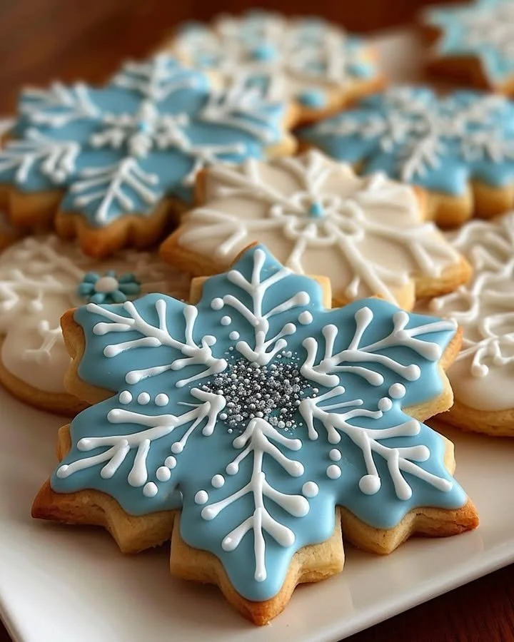 Decorated snowflake sugar cookies for winter celebrations
