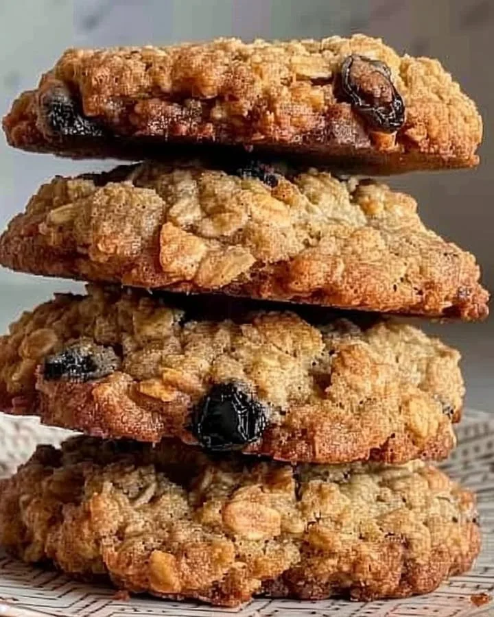 Delicious soft and chewy oatmeal cookies with chocolate and raisins on a plate