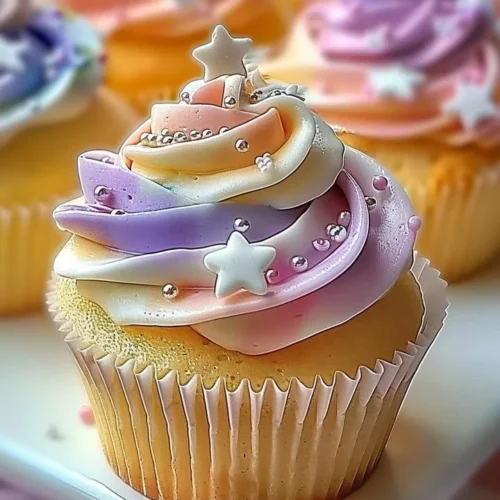 Soft pastel star cupcakes with buttercream frosting arranged on a plate.