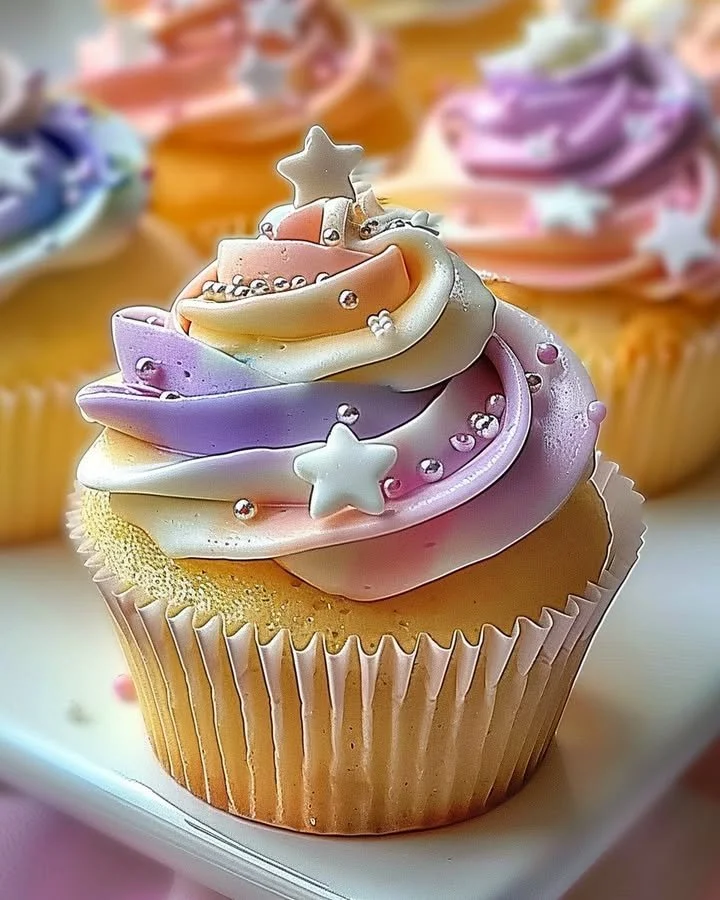 Soft pastel star cupcakes with buttercream frosting arranged on a plate.