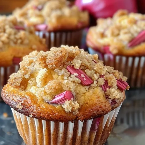 Soft rhubarb muffins topped with cinnamon sugar on a wooden table