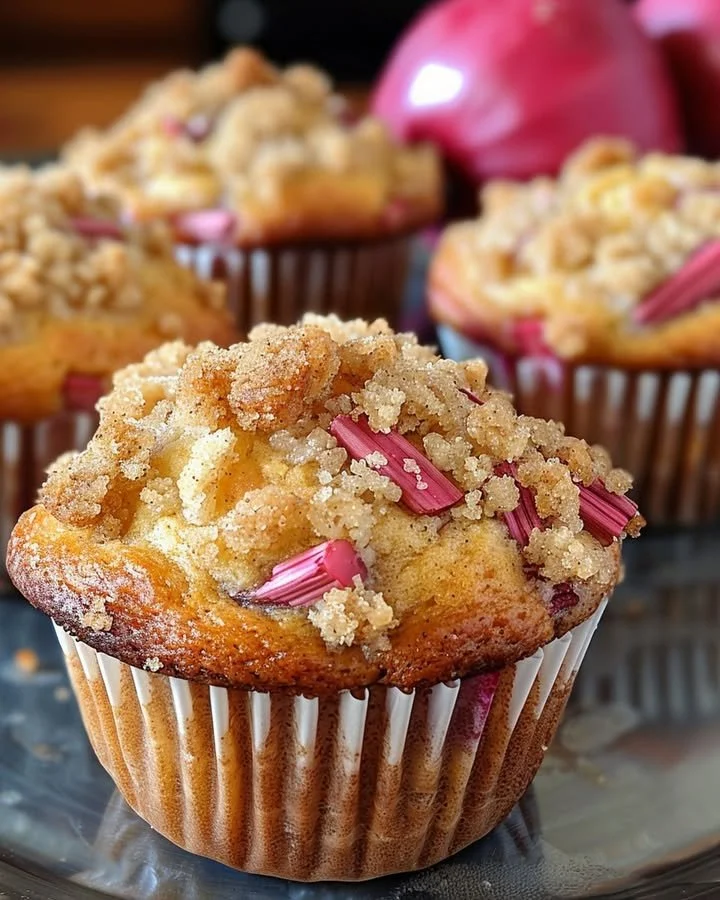 Soft rhubarb muffins topped with cinnamon sugar on a wooden table