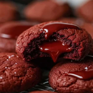 Delicious soft red velvet cookies with Nutella filling on a plate.
