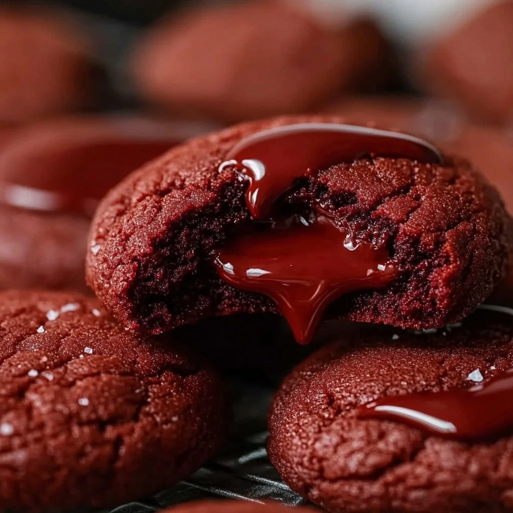 Delicious soft red velvet cookies with Nutella filling on a plate.