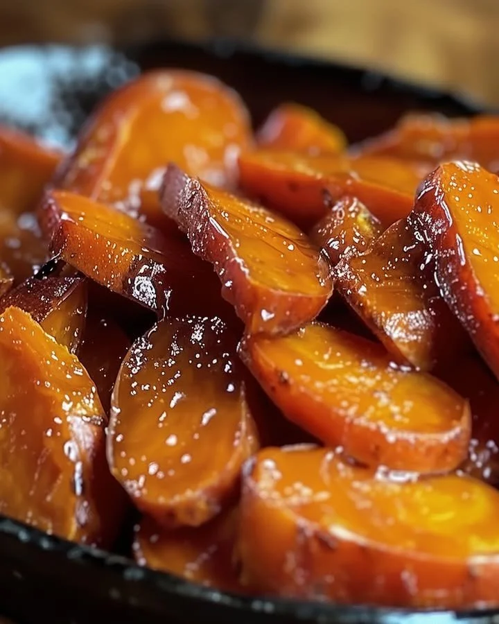 Southern candied sweet potatoes dish drizzled with syrup and spices