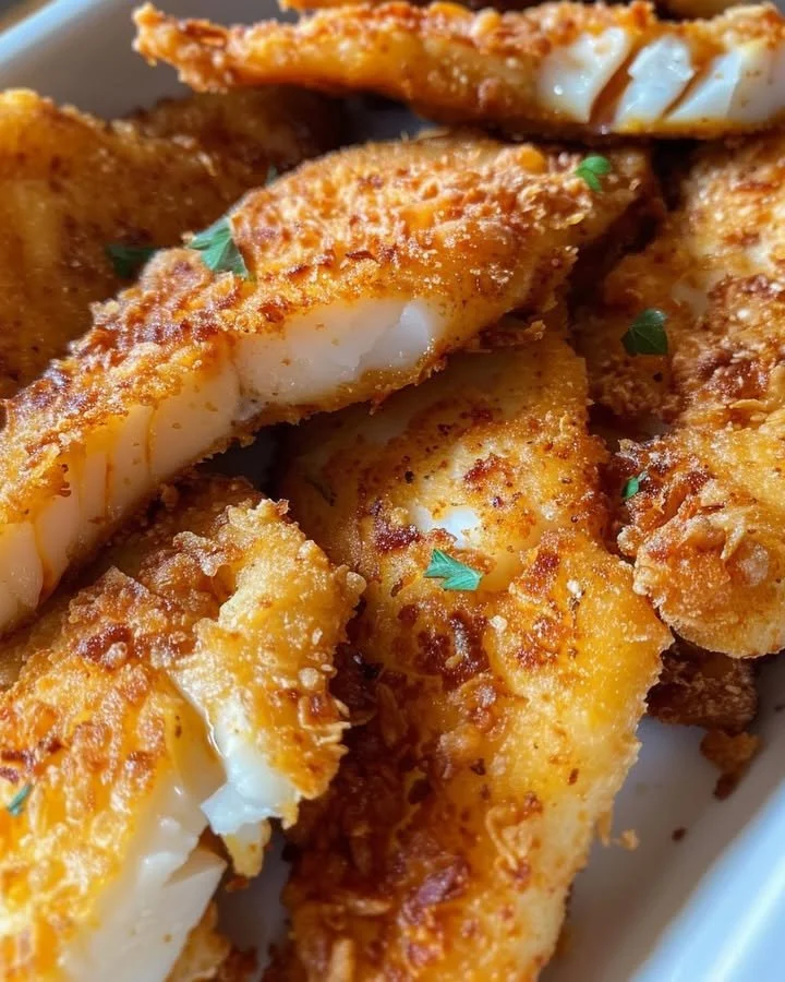 Spicy beer-battered crispy fried fish served with lemon wedges.