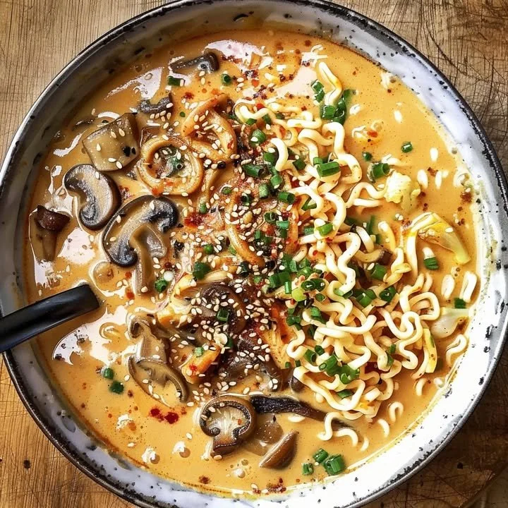 Bowl of spicy coconut curry ramen topped with fresh herbs and chili flakes.