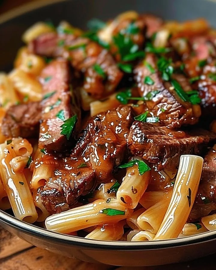 Spicy Honey BBQ Steak Pasta served in a bowl with vibrant vegetables