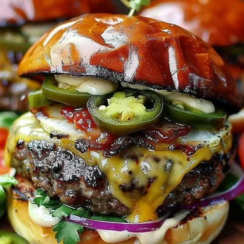 Spicy jalapeño and pepper jack burger topped with fresh ingredients