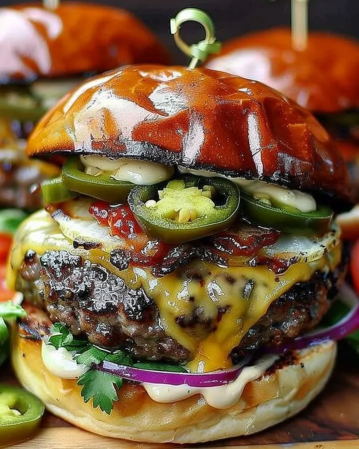 Spicy jalapeño and pepper jack burger topped with fresh ingredients