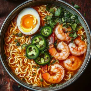 Spicy jalapeño cheddar sausage and shrimp ramen bowl garnished with green onions