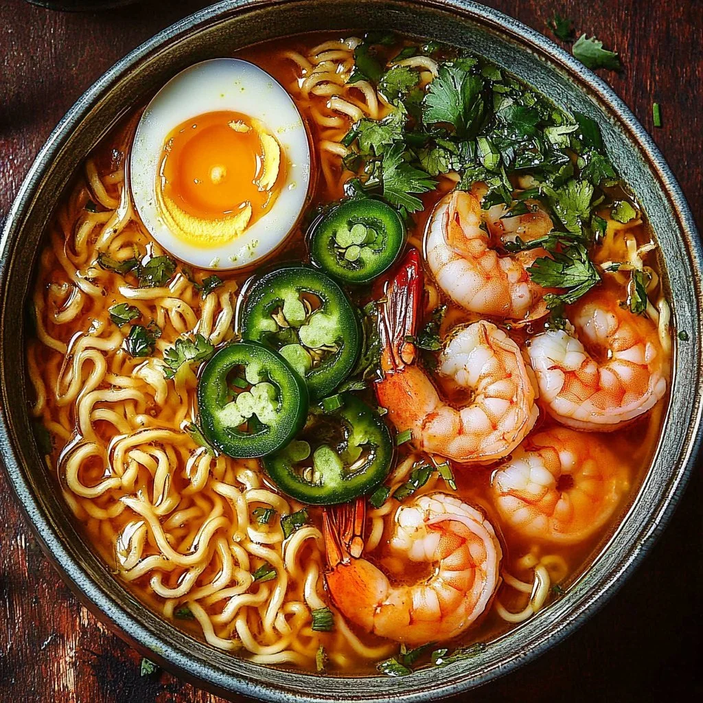 Spicy jalapeño cheddar sausage and shrimp ramen bowl garnished with green onions