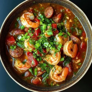 Bowl of spicy jambalaya soup with andouille sausage and chicken.