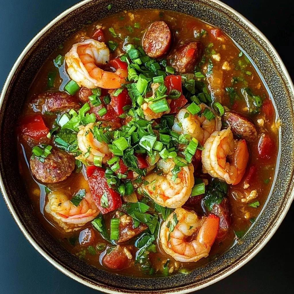 Bowl of spicy jambalaya soup with andouille sausage and chicken.