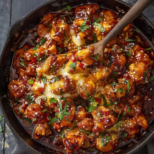 Delicious Spicy Korean Chicken topped with melted cheese