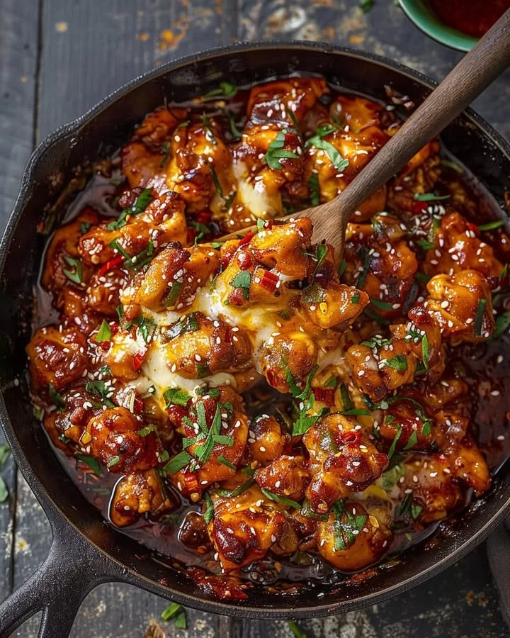 Delicious Spicy Korean Chicken topped with melted cheese