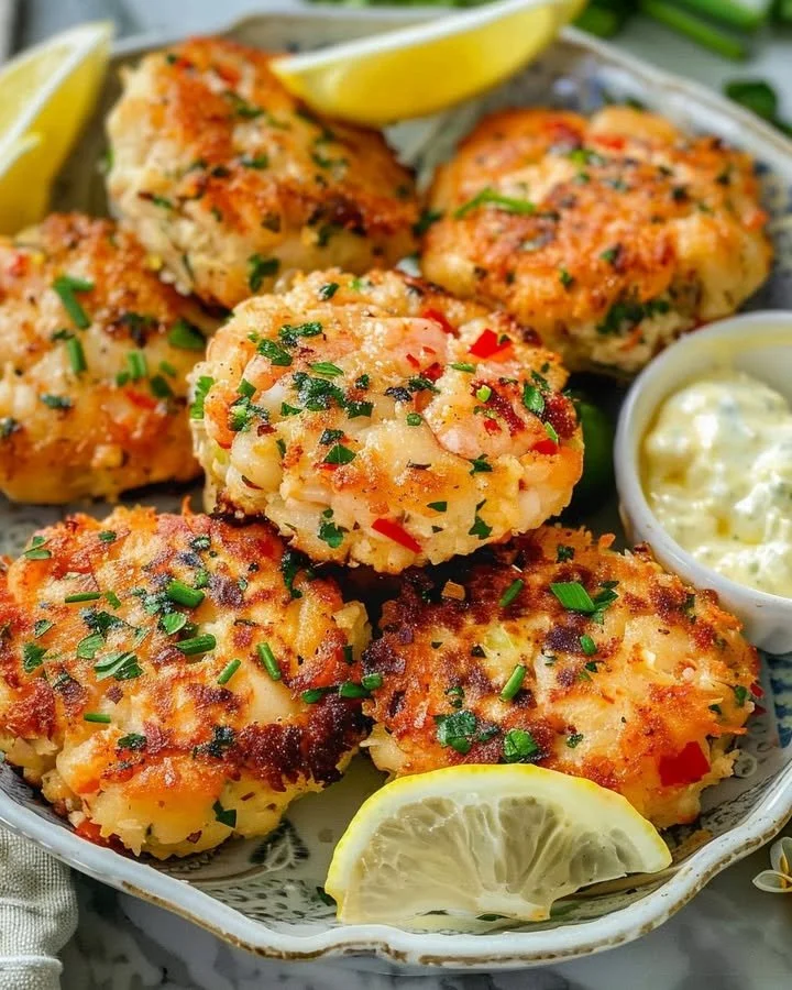 Spicy shrimp cakes served with a chili-lime dip on a plate