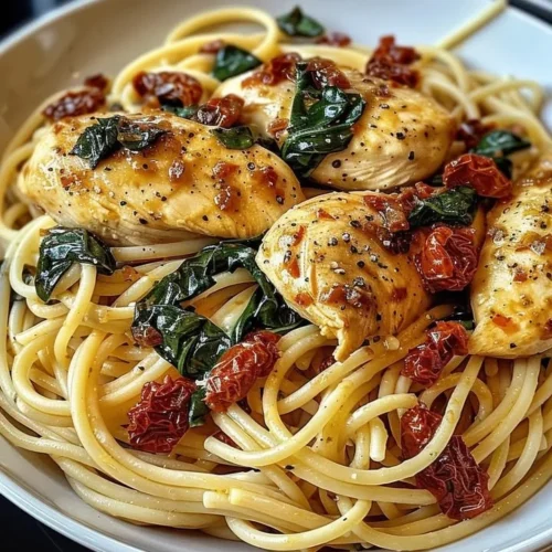 Creamy spinach and sun-dried tomato chicken pasta in a bowl with parsley garnish.